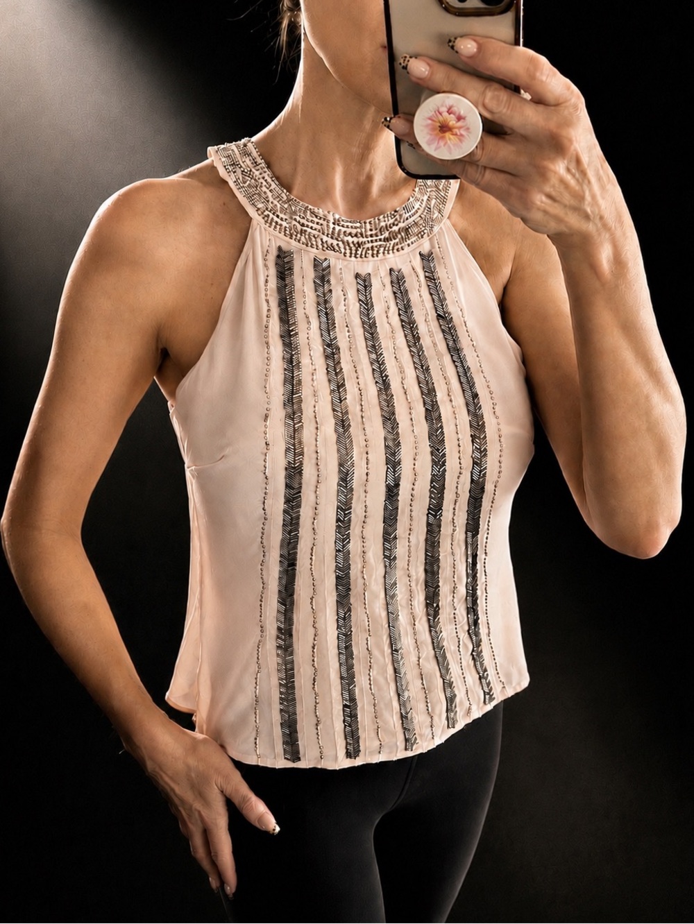 Bebe Embellished Beaded Chiffon Blouse Blush Pink Metallic Black Beads. NWOT. XS
